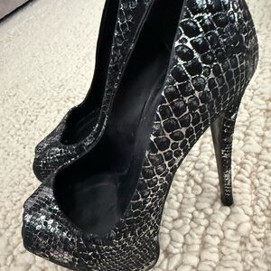 Vero Cuoio Black Snake-Embossed Peep-Toe Stilettos